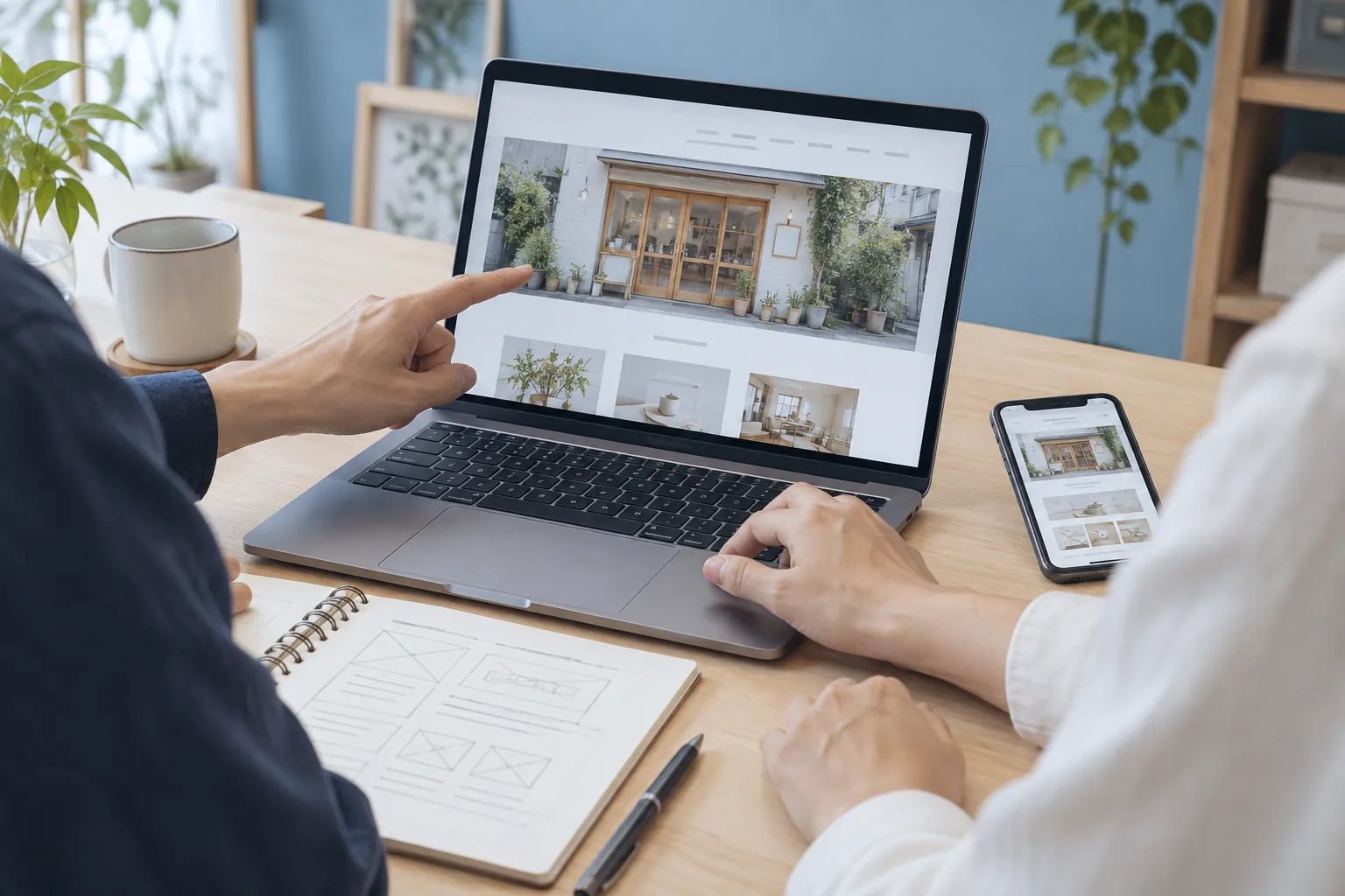 ノートパソコンとスマートフォンに映したホームページの試作を、一緒に見ながら相談する手元
